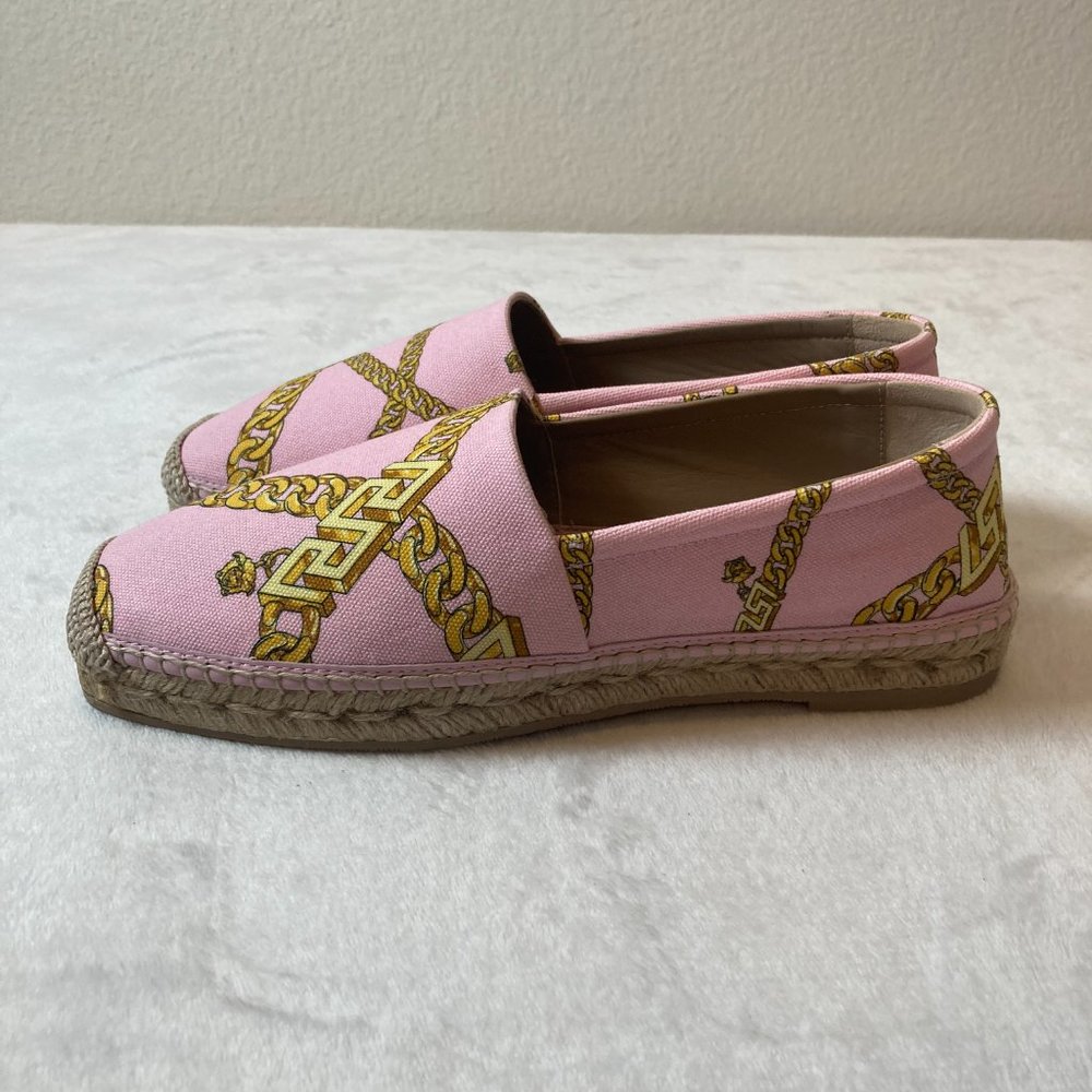 Versace Chain-Print Cotton Espadrille Loafers Pink Size 10B New In Box Authentic - Picture 9 of 13